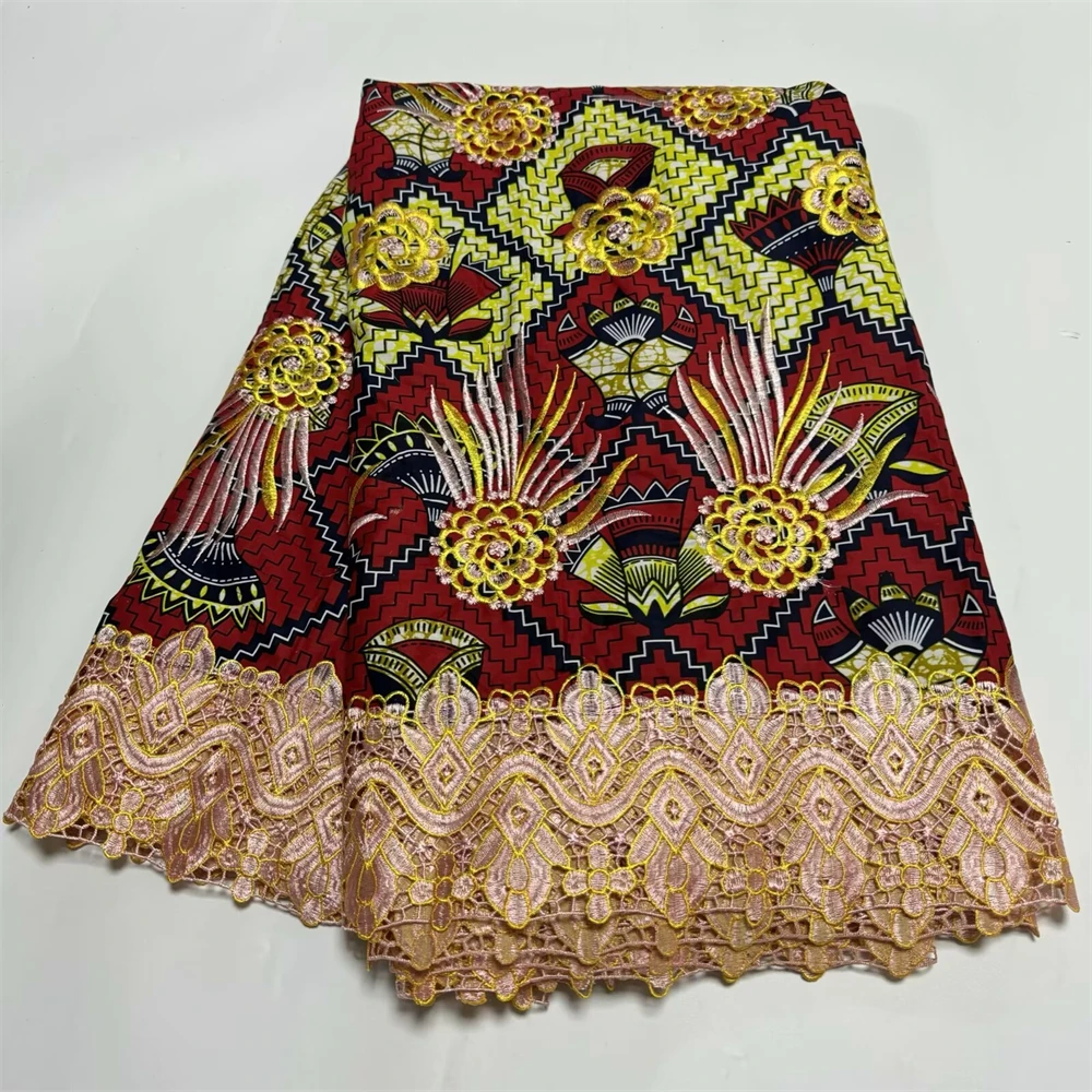 

African Wax Fabric High Quality Cotton Wax Embroidery Lace Fabric For Party Dress 6 Yards