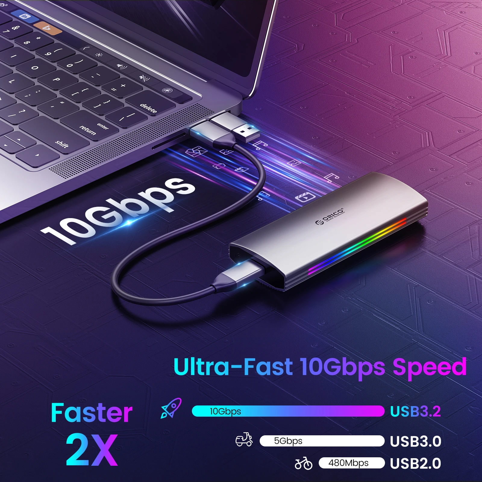 حافظة ORICO RGB 10Gbps M2 NVMe SSD من الألومنيوم USB3.1 Gen2 لمفتاح M M & B محرك الحالة الصلبة لتحرير فيديو اللاعبين
