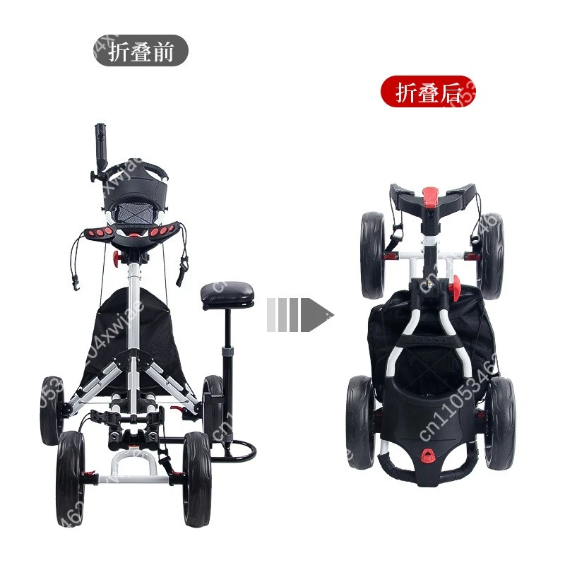 Foldable Golf Trolley with Seat 4-Wheel Design Compact Portable Aluminum Push Cart Adjustable Umbrella Holder for Course