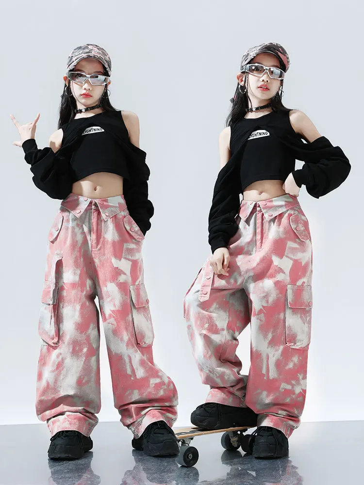 Kids Hip Hop Clothes Print Long Sleeve Exposed Navel Black Top Loose Pants Street Dance Costume Girls Jazz Performance Suit