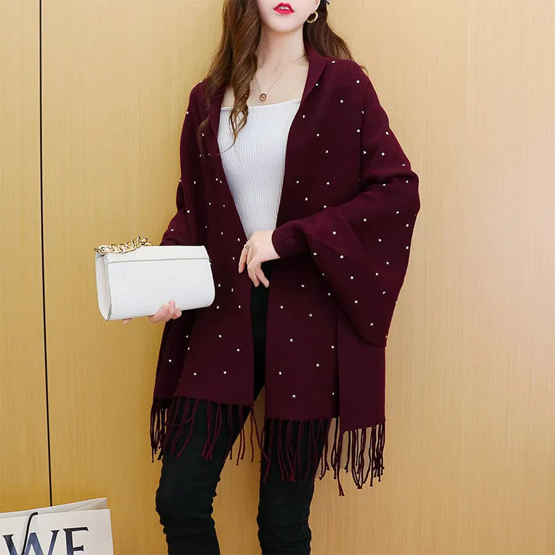 5 Color Capes Women Outstreet Beading Diamond Knitwear Autumn Batwing Sleeves Long Poncho Female Tassel Knitted Loose Shawl Coat