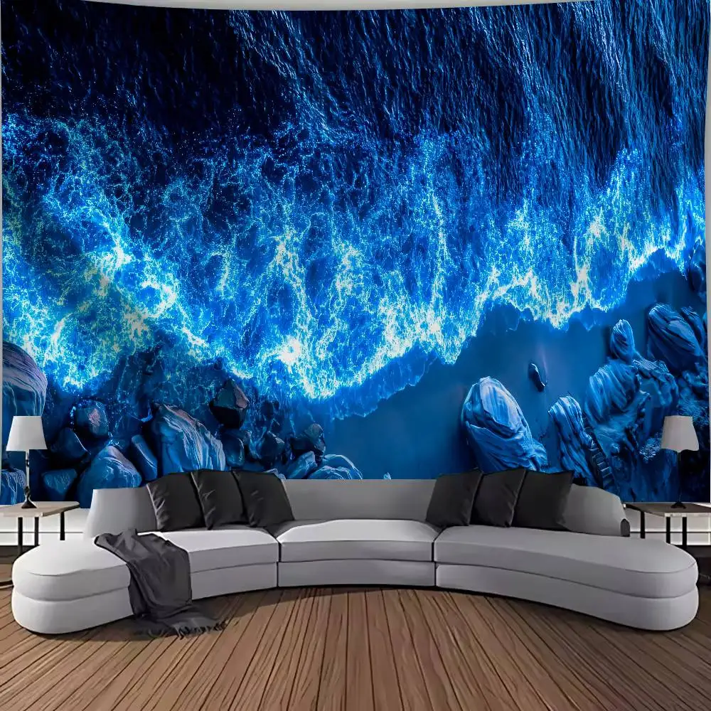 Bioluminescent Blue Glowing Waves Tapestry, Night Coast Luminous Ocean Water Wall Hanging, Dark Blue Seaside Rock Tapestry Decor