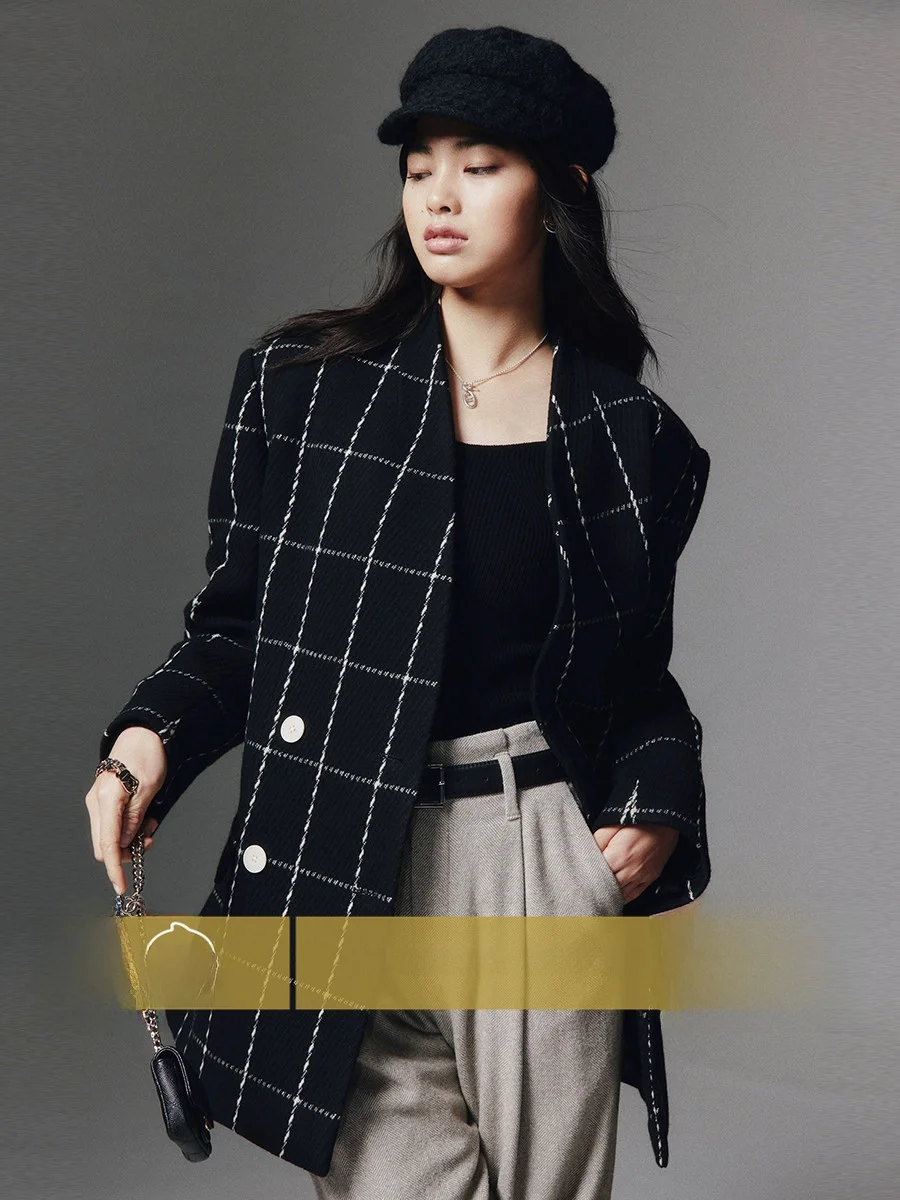 

Пальто женское Amyy Studios из роскошной шерсти с 3D-покрытием, в клетку, с отложным воротником, простого кроя, большого размера, с длинными рукавами, с завышенной талией, зимнее, модное