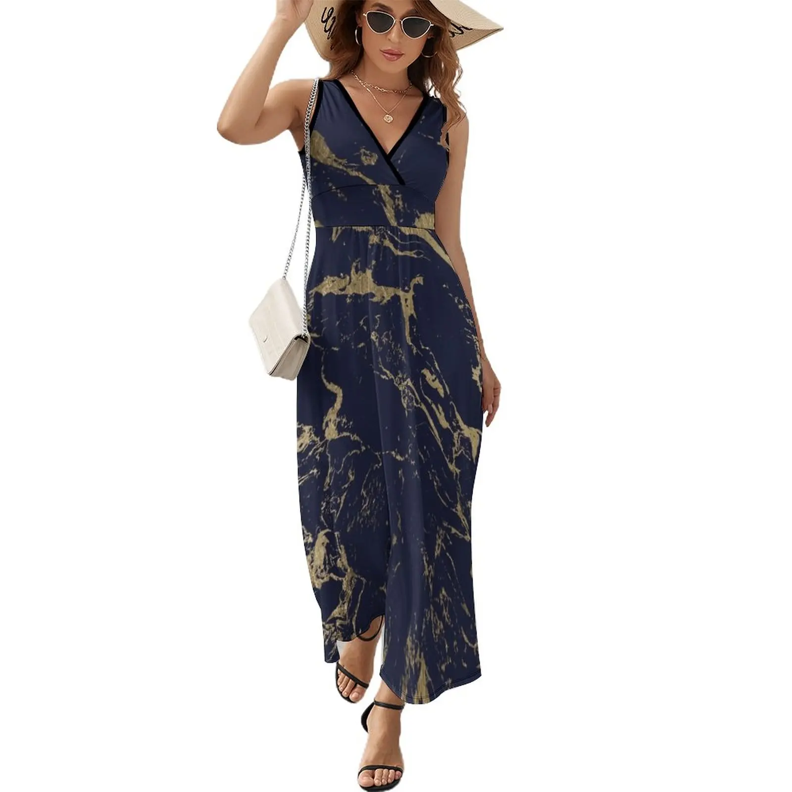 

Modern luxury chic navy blue gold marble pattern Sleeveless Dress women's fashion dresses cocktail dresses