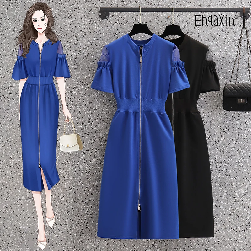 

EHQAXIN 2024 Summer Ladies Dresses Fashion Zipper Cardigan Tunic Mesh Off-The-Shoulder Stitching Casual Dress For Womens M-4XL