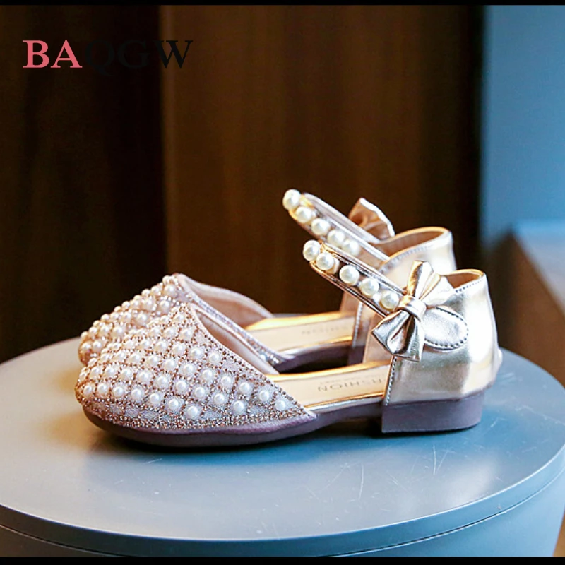 

Summer Sequined Rhinestone Fashion Girls Sandals Pearl Bow Patchwork Princess Shoes Flat Non-slip Dancer Student Girl Shoes