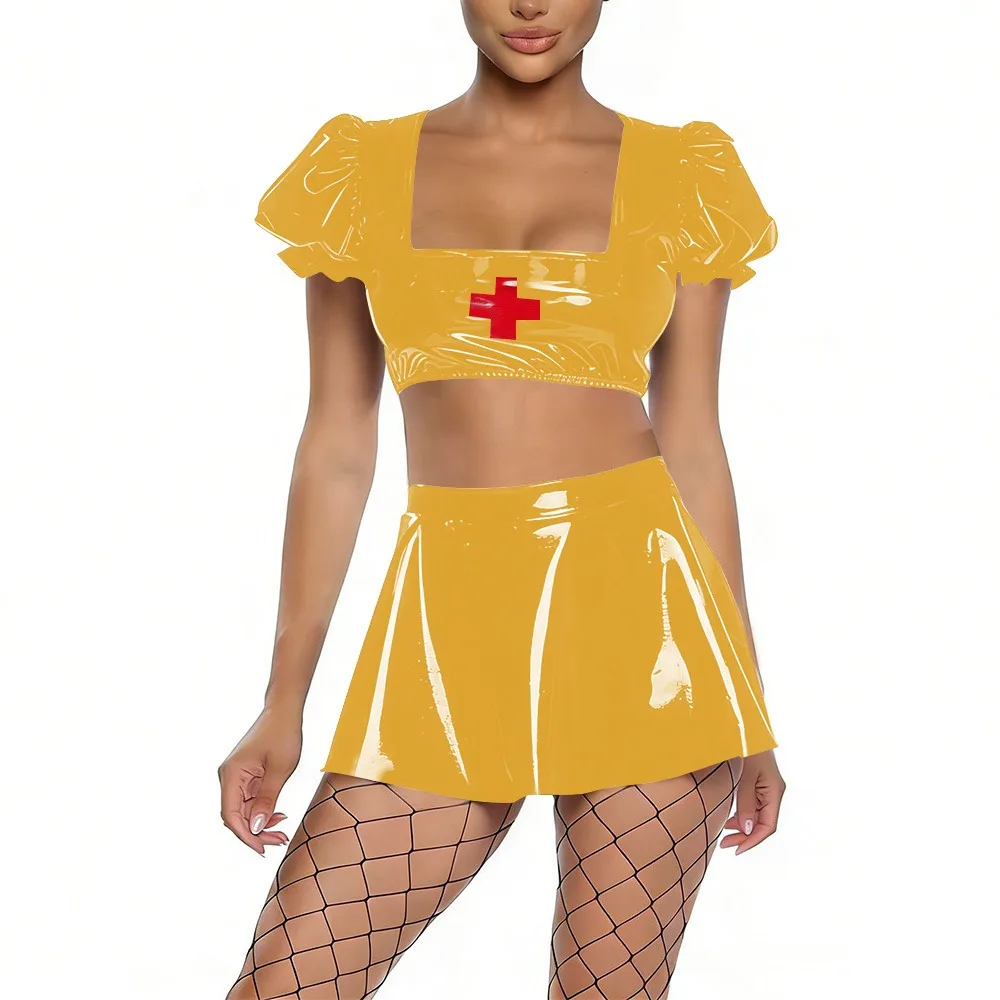 

Женский блестящий комплект из ПВХ: укороченный топ с пышными рукавами и расклешенная мини-юбка для косплея и тематических вечеринок