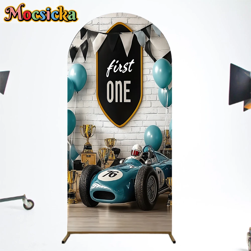 

Mocsicka First One Arch Covers Background Soft Double-Sided Car Race Decors Baby Shower Boy Birthday Arched Door Backdrops Props