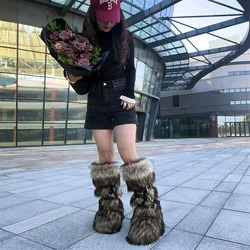 Faux Fur Belt Buckle Straps Snow Boots Round Toe Solid Rivet Slip-on Height Increasing Knee-high Boots 2024 New Women Warm Shoes