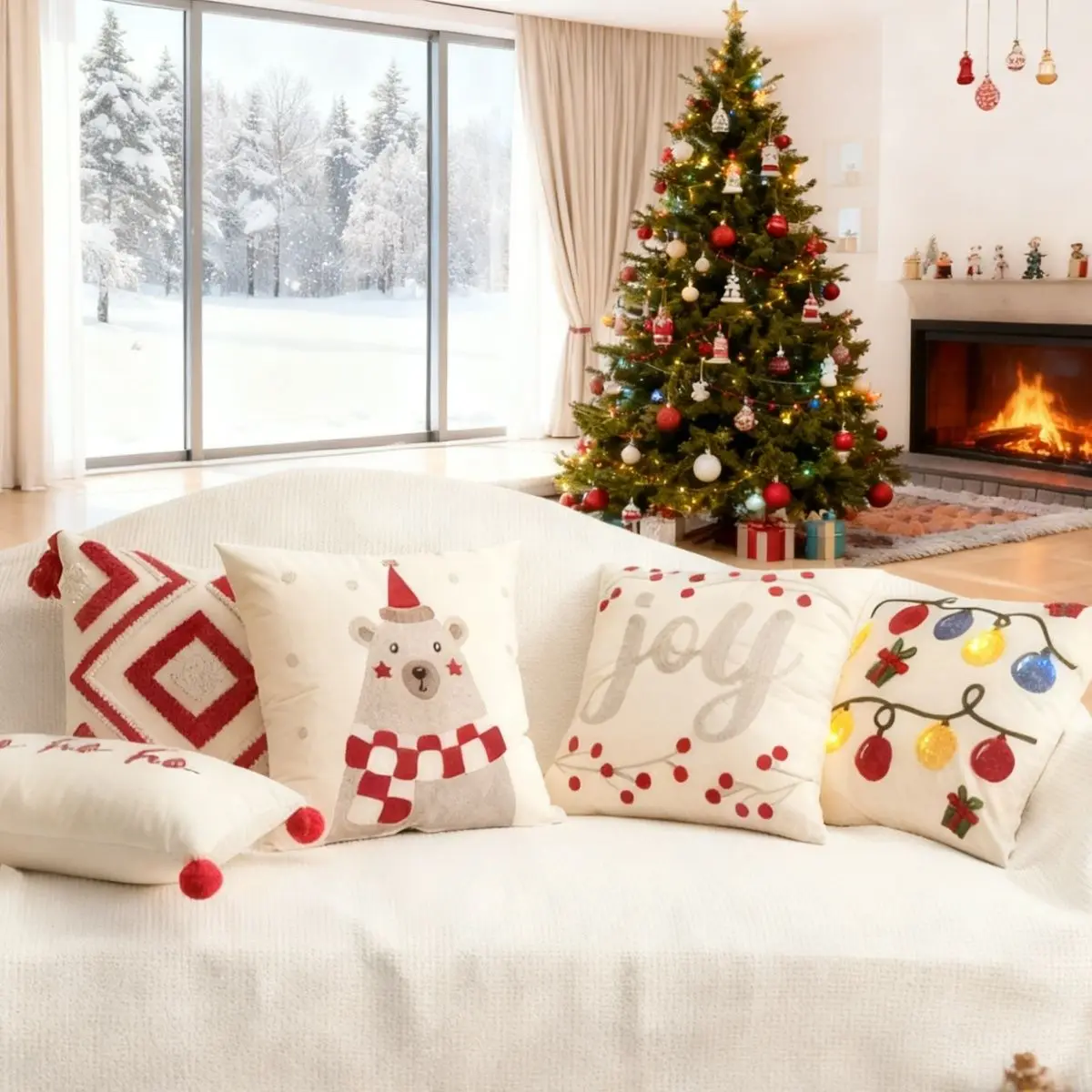 Christmas Bell Embroidered Cushion Cover Red Christmas Geometric Tufted Throw Pillow Covers Holiday Party Home Decor Living Room
