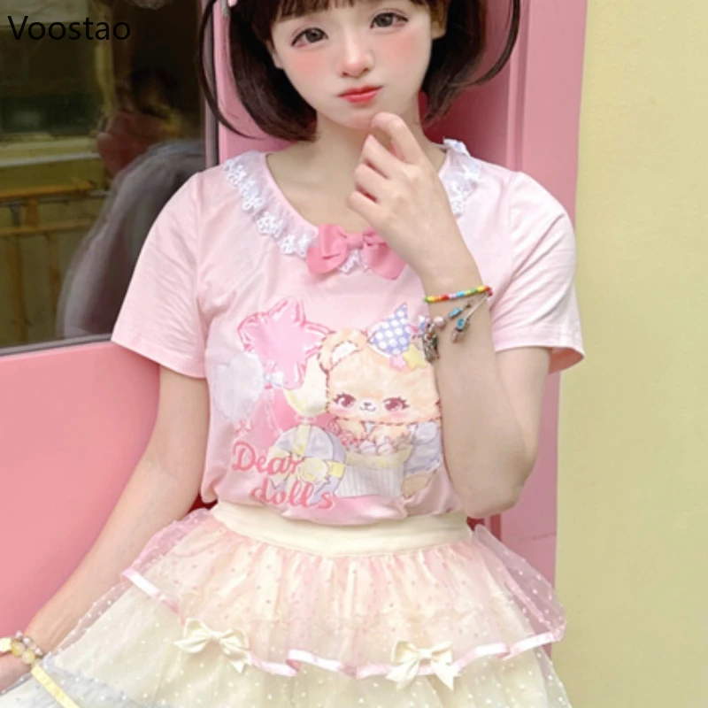 Pink Sweet Bear Print Lolita T-shirts Women Y2k Aesthetic Lace Ruffles O-Neck Bow Short Sleeve Crop Tops Japanese Kawaii Tees