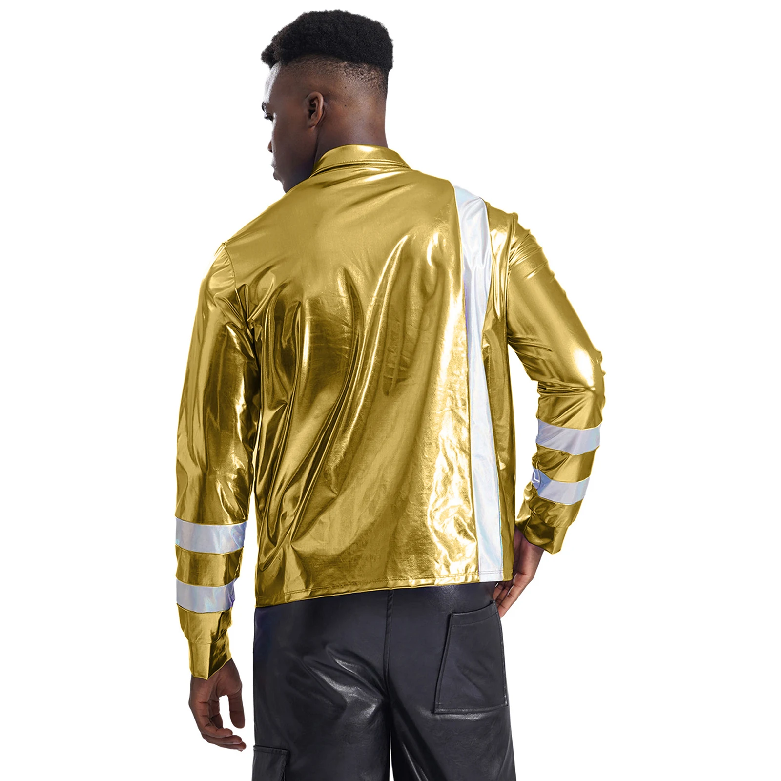 Mens Metallic Disco Shirts Long Sleeve Turn-Down Collar Color Block Zipper Shirt Nightclub Rave Party Music Festival Clubwear