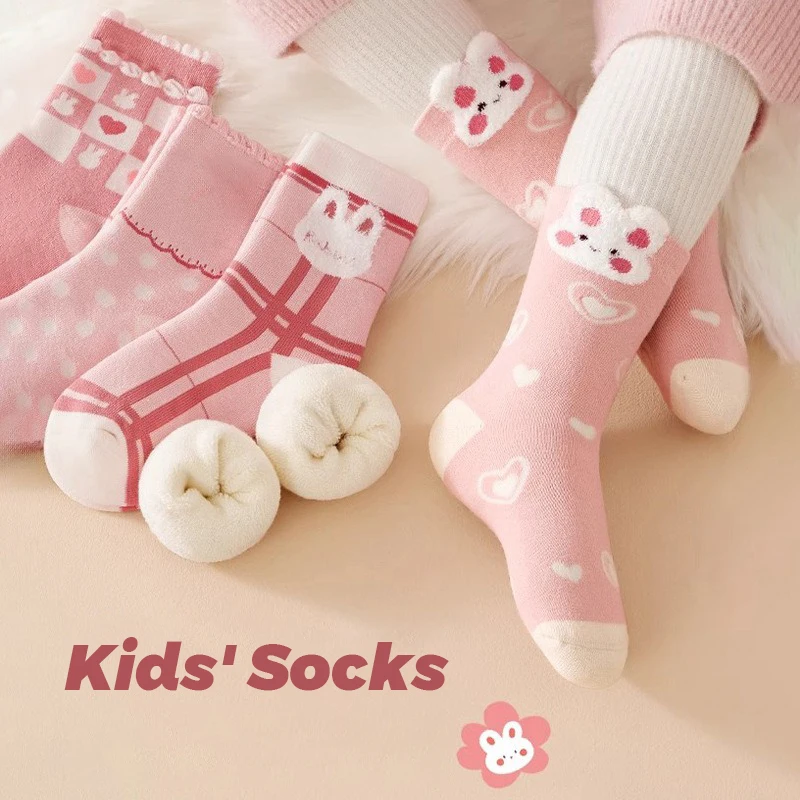 5 Pair Children's Socks Cute Bunny Thickened Girls' Socks Woolen Loop Socks with Velvet Autumn/Winter Mid Tube Socks