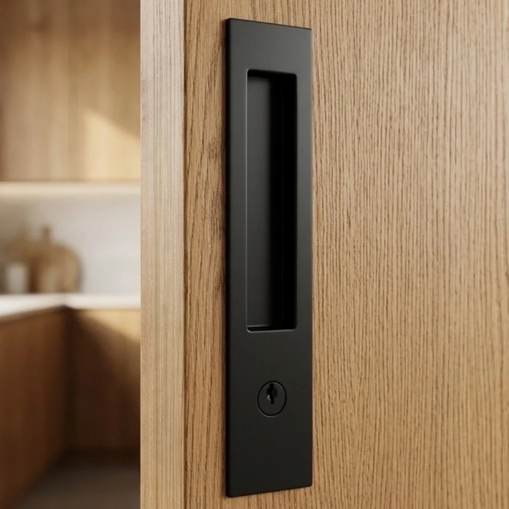 Sliding Pocket Door Lock Kit Matte Black Featuring Flush Mount Pull Plates Edge Pull Component and Hook Latch for DIY Projects