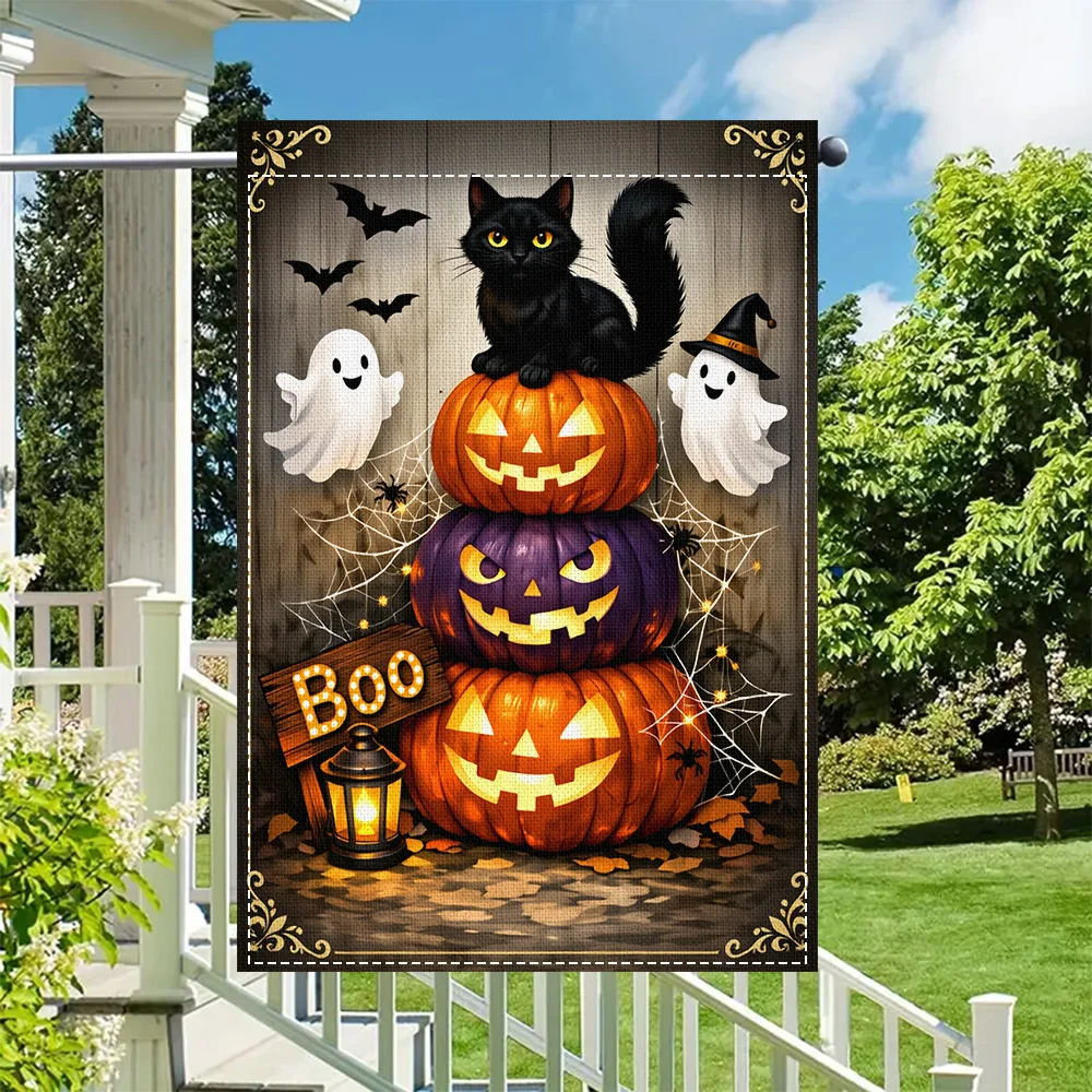 1PC Halloween Black Cat and Pumpkin Pile Garden Flag, Double Sided Print, Perfect for Patio and Outdoor Holiday Decoration (Pole