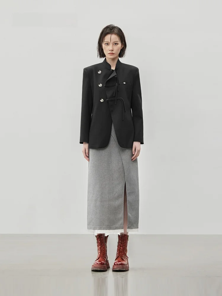 

XMOOM 2024 Autumn New Design Chinese Sle Stand Collar oulder Length Suit Jaet Women's Busin Casual Long Sve Coat