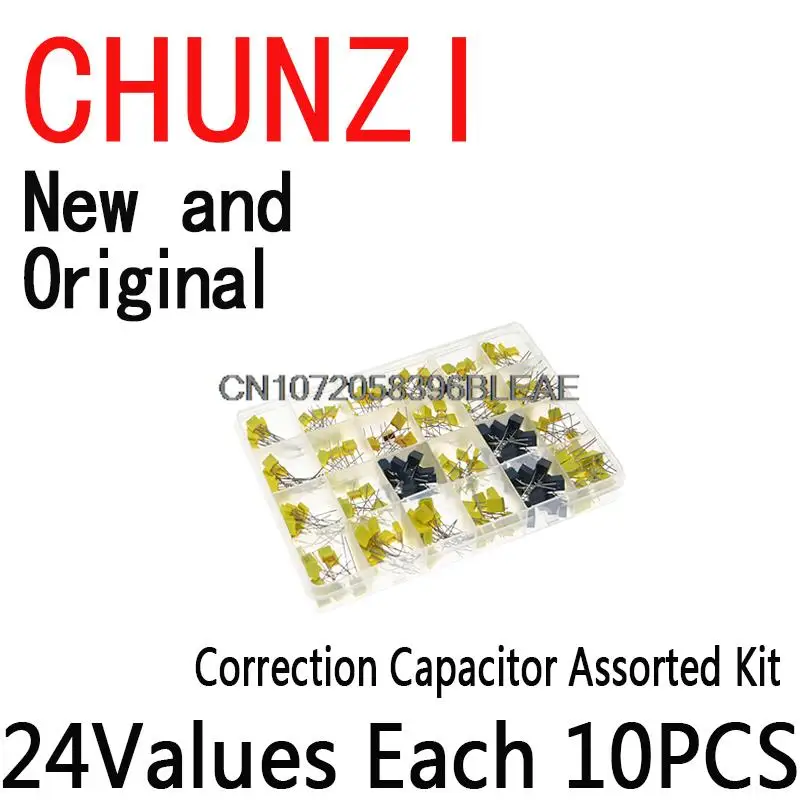 240PCS 24Values x 10PCS 63V-100V 102J-105J Polypropylene Safety Plastic Film Capacitors Correction Capacitor Assorted Kit
