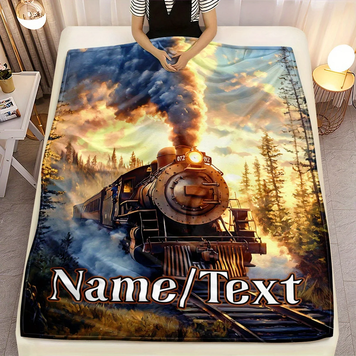 Custom Name Retro Jet Train Blanket - Lightweight Knit Fabric, Polyester, Digital Print, Flannel, Tear Resistant, All Seasons