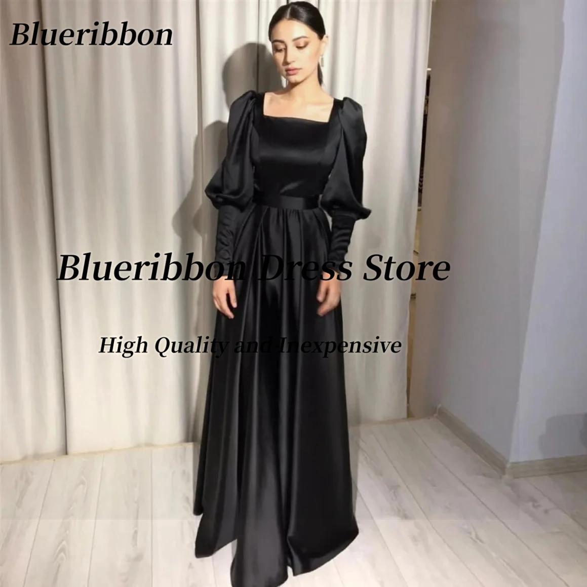 

Blueribbon Черные атласные платья для выпускного вечера с длинными рукавами Вечерние платья по индивидуальному заказу с квадратным вырезом и длинными рукавами Вечернее платье для дня рождения
