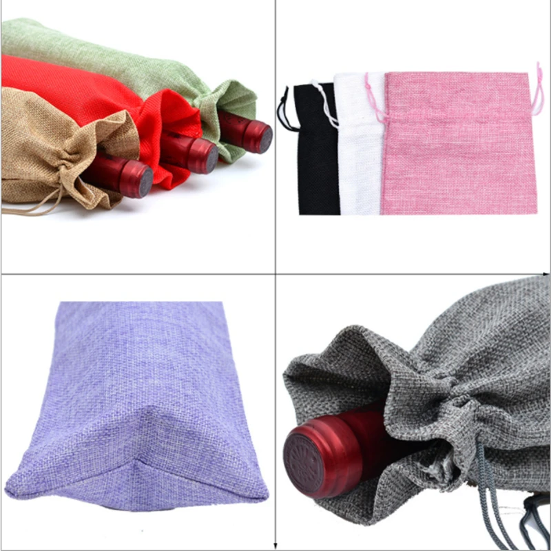 10Pc 35*15cm Linen drawstring pocket, linen wine bag + tag set, wine bottle bag, wine blind tasting bag