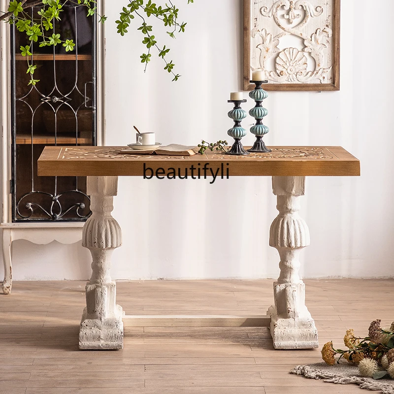 

American dining table coffee table dual-purpose rectangular living room home creative retro carving old restaurant island