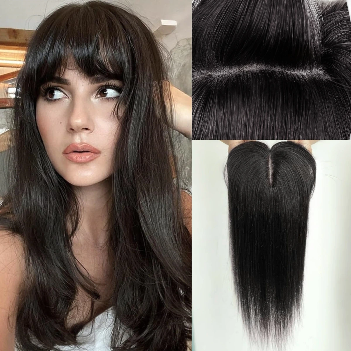 

10In Human Hair Toppers for Women 100% Remy Human Hair Natural Hair Topper with Bangs Silk Base Clip in Topper Hair Loss Cover