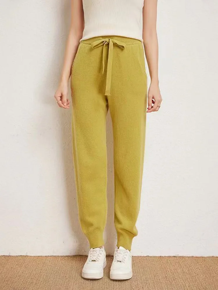 Pantalones de punto de lana 100% para mujer, pantalones de chándal deportivos informales, versión coreana, pantalones de pierna pequeña, pantalones