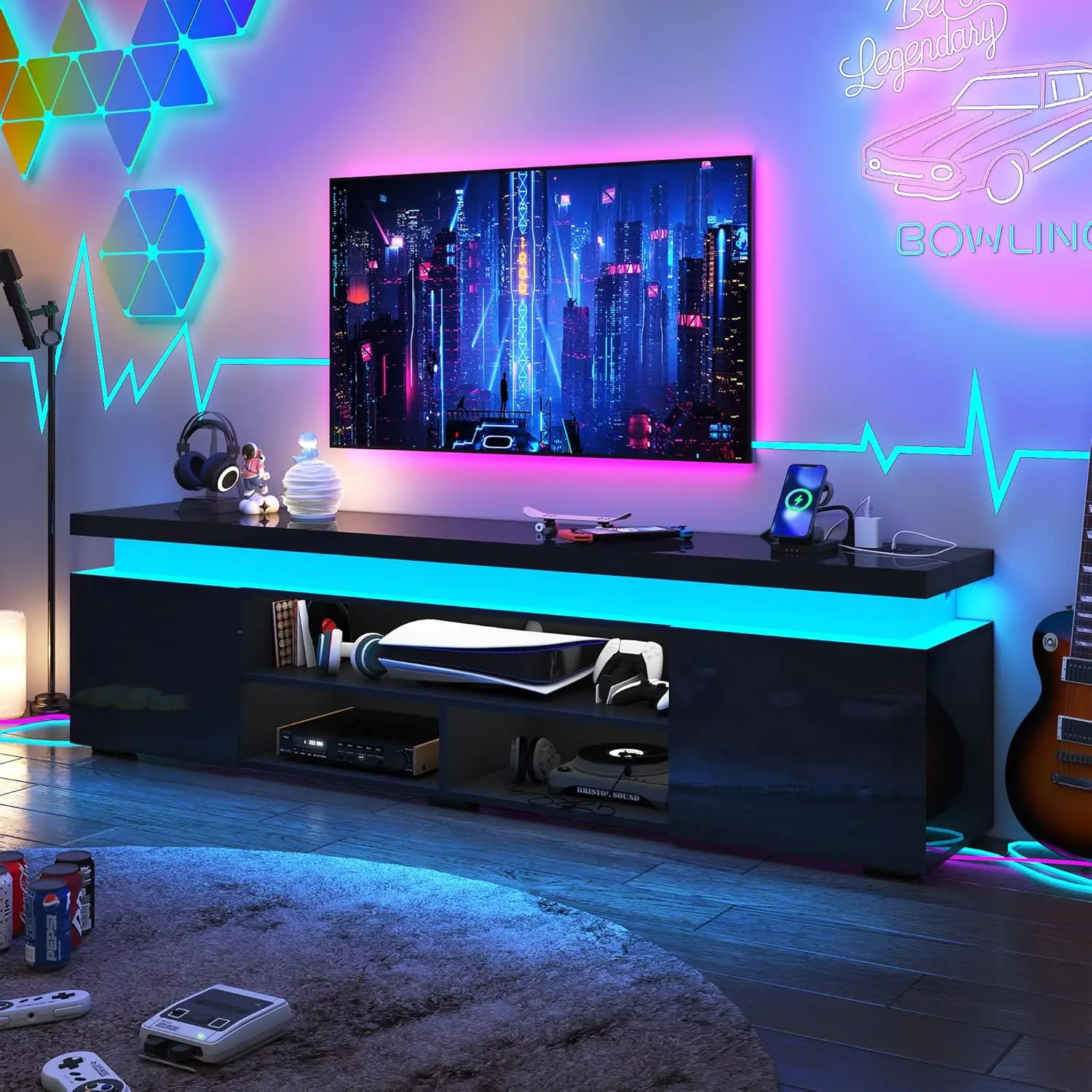 LED TV Stand for 95 Inch TV, Modern Gaming TV Stand with Power Outlet, High Gloss TV Console Entertainment Center