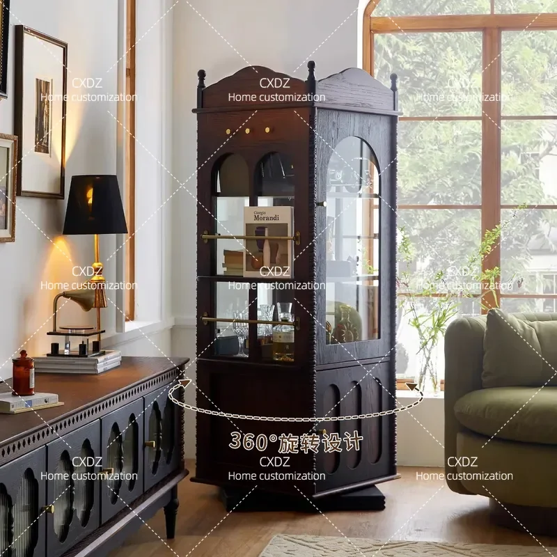 Solid Wood Bookcase Retro Rotating Storage Cabinet with Glass Door Corner Magazine Rack Living Room Vertical Display Shelf