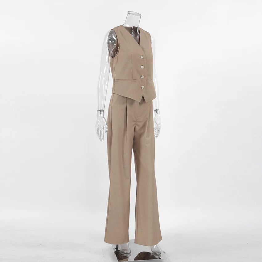 Gilet monopetto da ufficio Linad con pantaloni lunghi a vita alta Set da 2 pezzi Elegante top con scollo a V Pantaloni a gamba larga con tasche