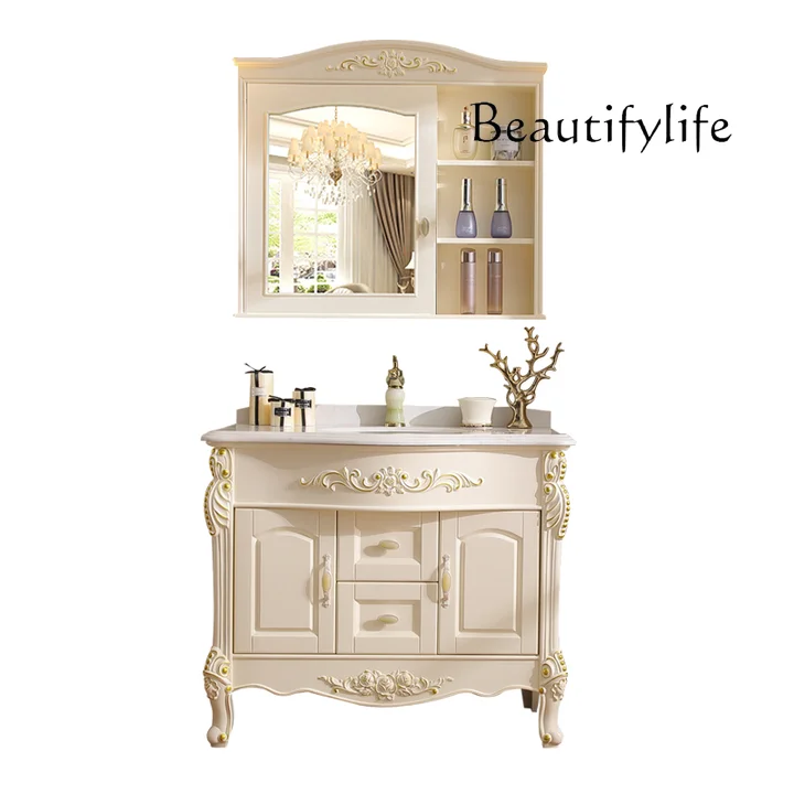 

European-style floor-to-ceiling solid wood bathroom cabinet combination bathroom, oak washstand, marble hand wash face basin