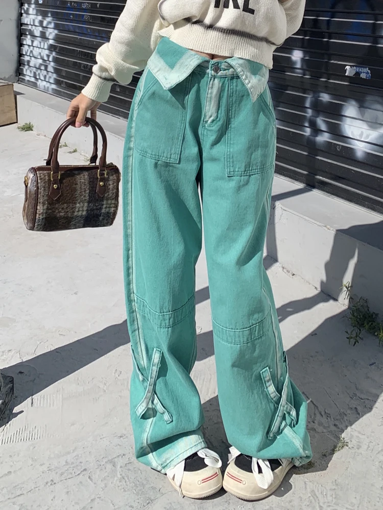 

SONNEESD Harajuku Safari Style Cowboy Pants High Waist Pocket Design Denim Trouser Vintage Minimalist Straight Wide Leg Pants