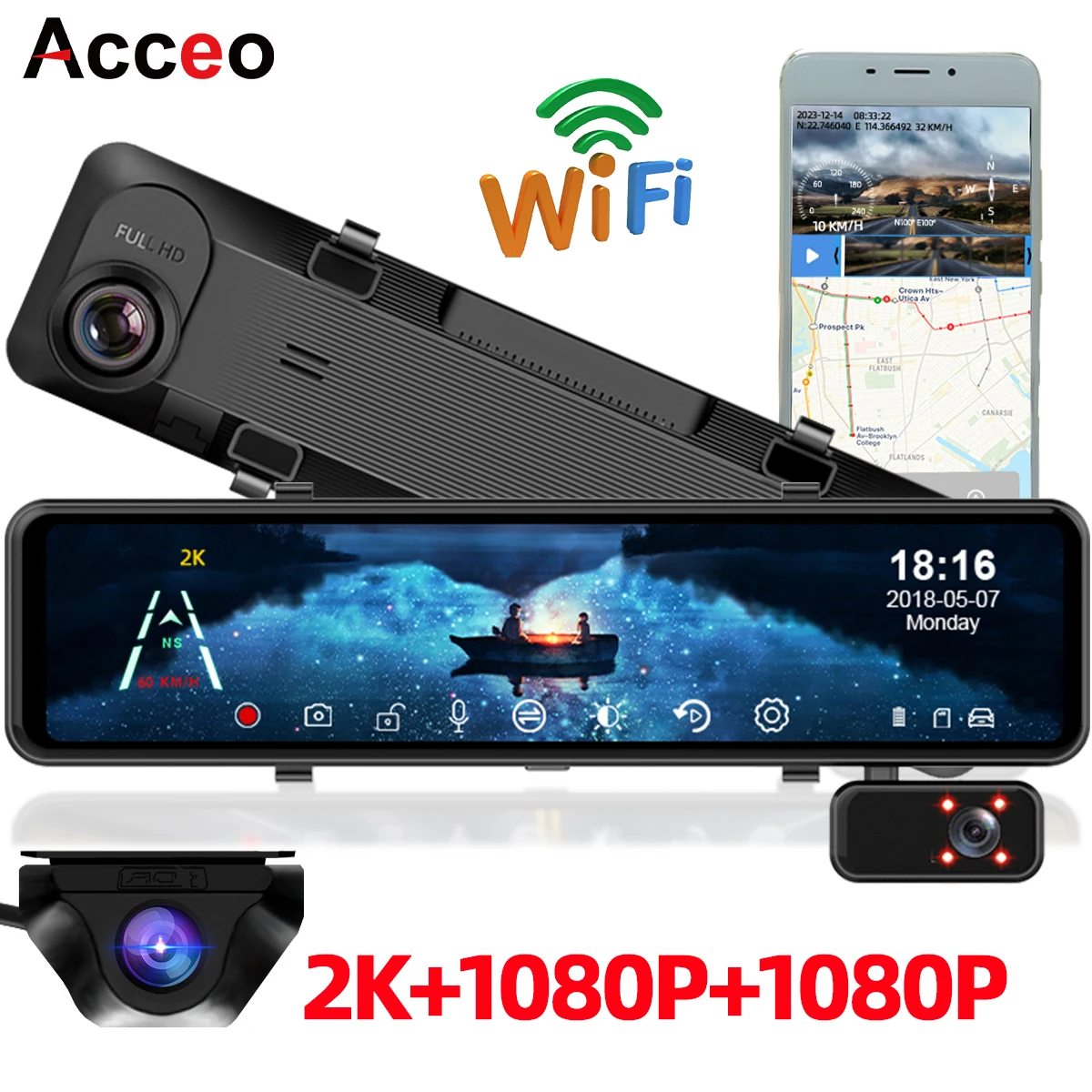 ACCEO 대시 캠 3 카메라 렌즈, 자동차 DVR, GPS, 와이파이, 11.26 인치 백미러 대시 캠, 지지대 블랙 박스, 후면보기 녹음기, A47 