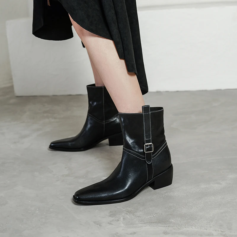 Handmade Genuine Leather Soft Comfortable Ankle Boots Women Shoes 2027 Winter New High Quality Square Mid Heel Boots Shoes 34-40