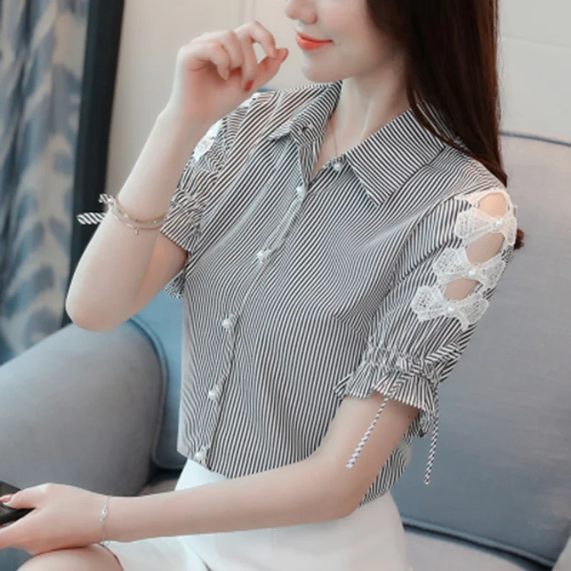 

Summer New Slim Buttons Striped Printing 3/4 Sleeve Hollow Out Shirts Women Clothes Casual Fashion Polo Collar Vintage Lacing