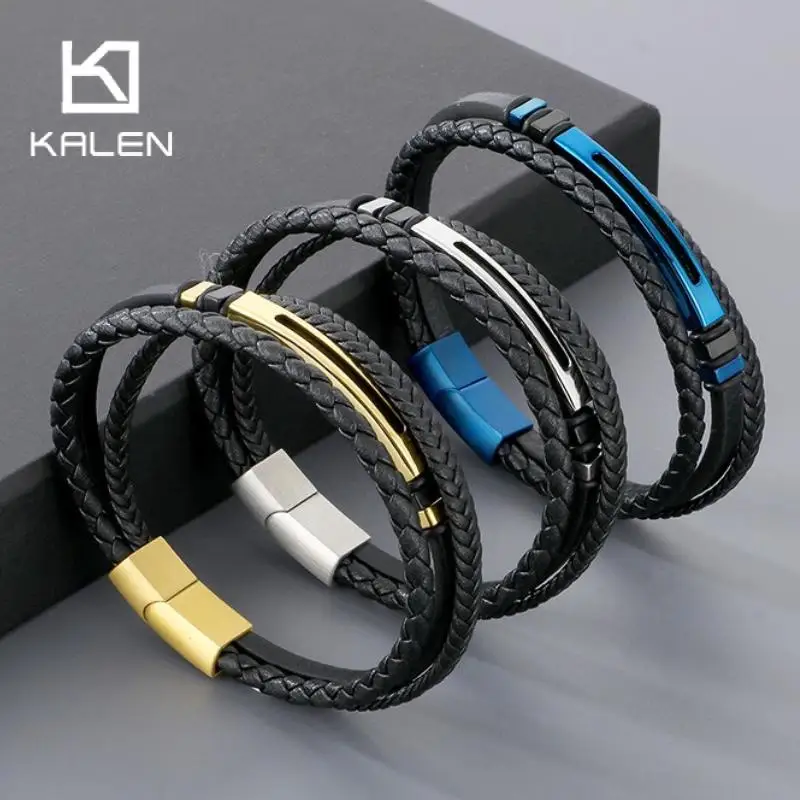 Fashion Multi Leather Matching Bracelet for Men Polished Stainless Steel Charm Bracelet Multicolor Classic Popular Jewelry Gift