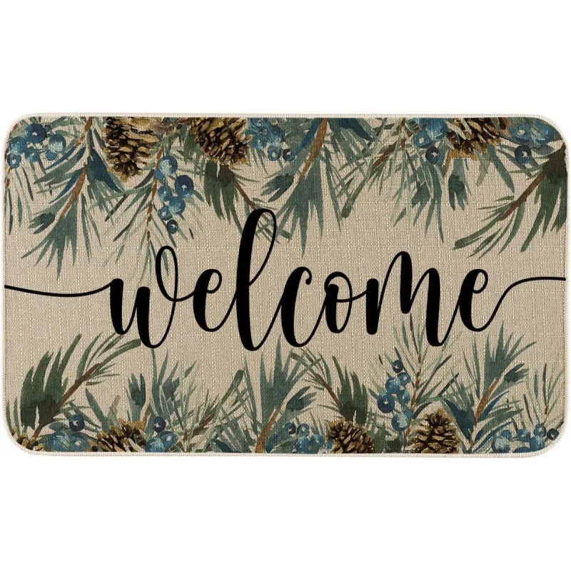 

Welcome Christmas DoorMat Winter Decorative Doormat, Xmas Pine Twigs By Mat Anti-Slip Rubber for Seasonal Holiday Decoration