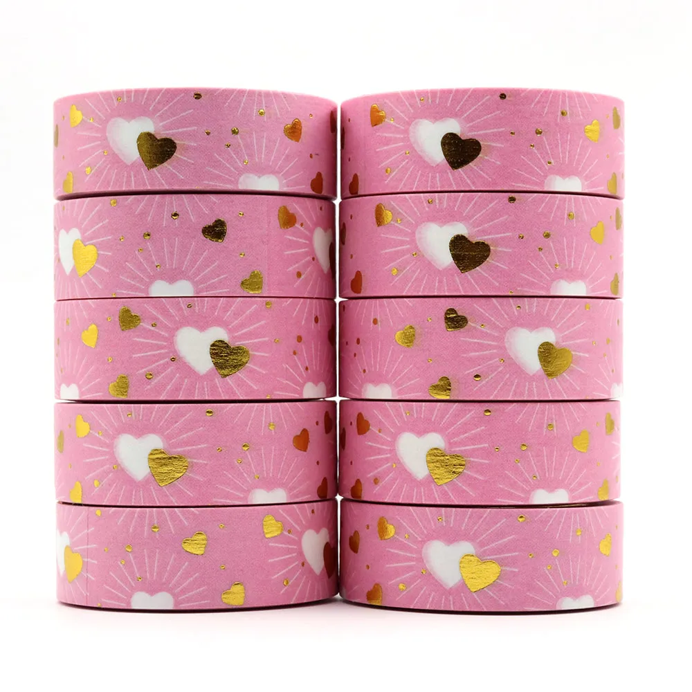 NEW 10pcs/Lot 15mm*10m Gold Foil Pink Golden Heart Love Decorative Washi Tape Stationery Colourful Tape Office Supplies