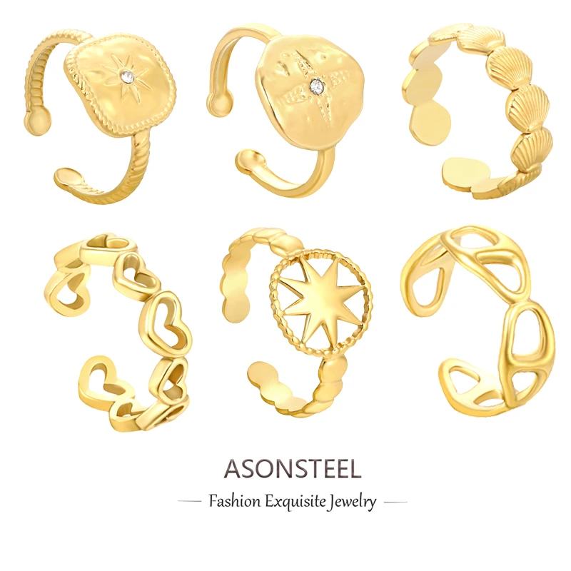 ASONSTEEL Trendy Sunshine Zirconia Shell Open Ring Stainless Steel Waterproof Gold Color Finger Rings Jewelry Dainty Daily Wear
