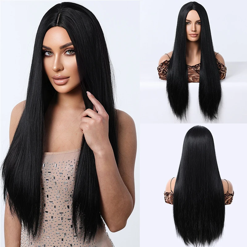 New women's fashion fluffy black middle-parted high-temperature fiber synthetic long straight hair wig