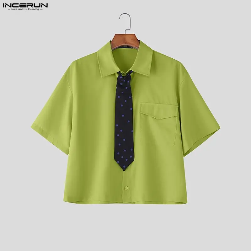 

INCERUN Мужская рубашка с галстуком в стиле пэчворк с лацканами и коротким рукавом Свободные укороченные топы Мужская уличная одежда в корейском стиле Модная повседневная мужская одежда S-5XL