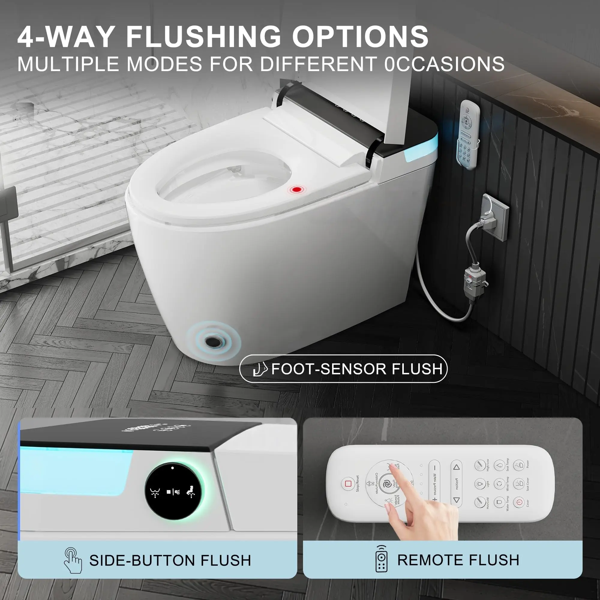 Smart Toilet with Built-In Bidet, Warm Water Sprayer and Dryer, Tankl One-Piece Electric Toilet with Heated Seat, Foot