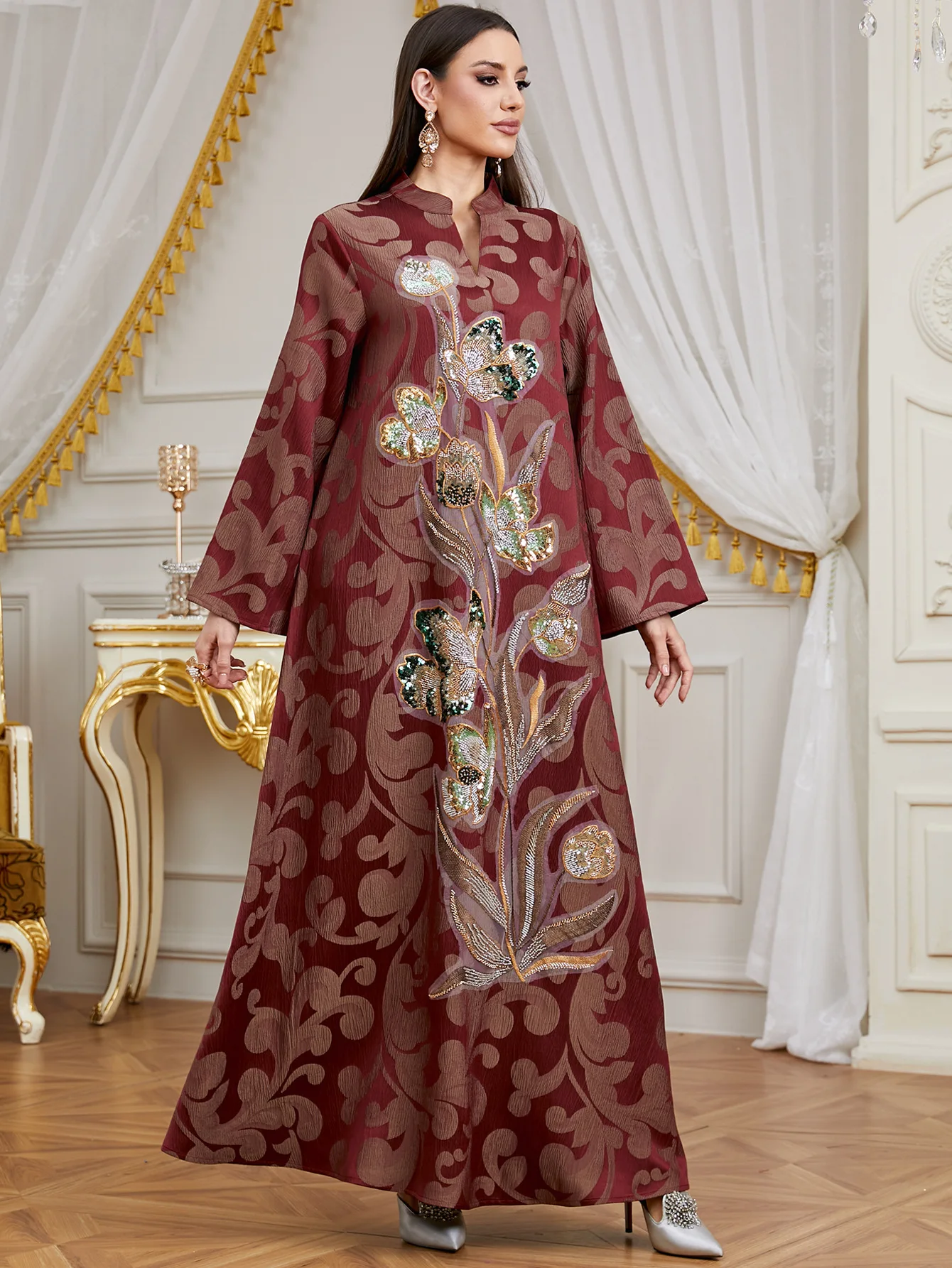 

Марокканская вышивка Абая для женщин Мусульманское платье-кафтан с цветочным принтом Арабский исламский Дубай Халат Рамадан Молитвенная одежда Вечернее платье