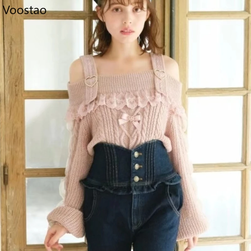 Japanese Cute Lolita Style Knitted Pullover Autumn Women Sweet Hearts Buckle Off Shoulder Lace Bow Sweater Girls Vintage Tops