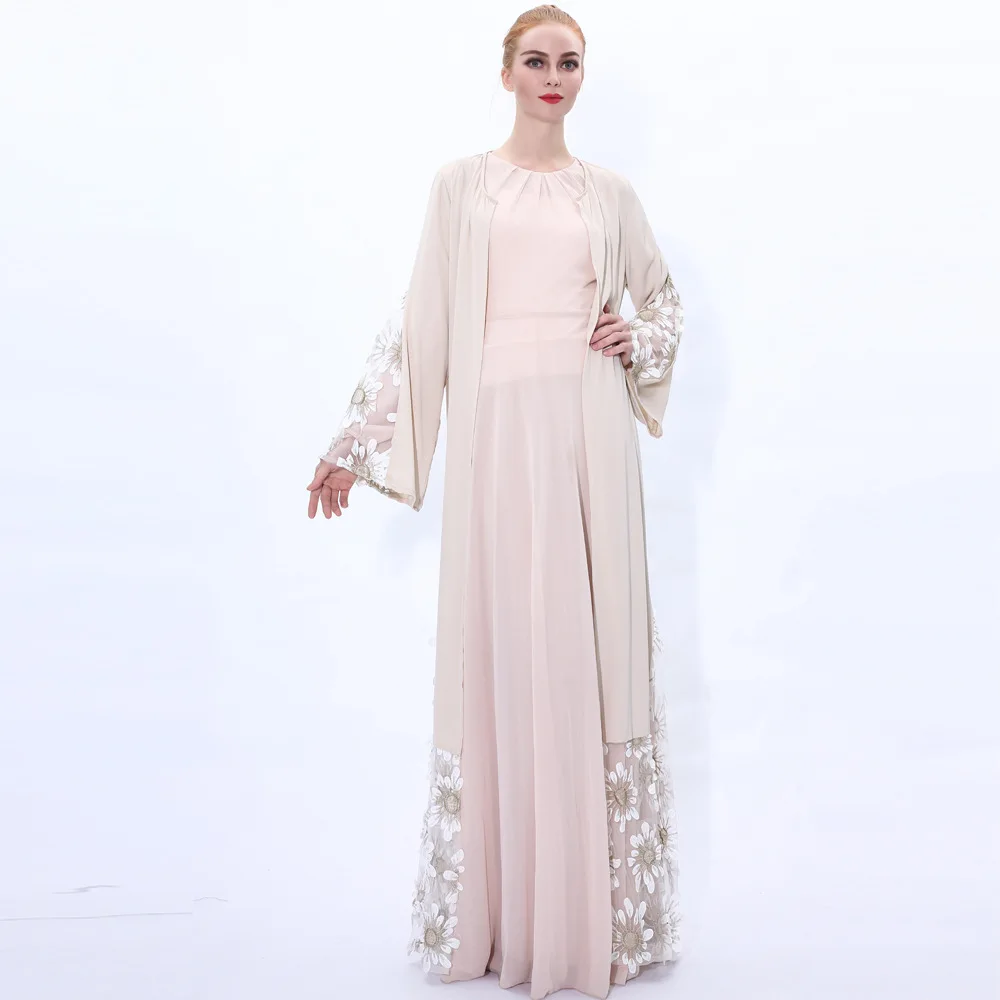 Autumn Women Abaya Fashion Flared Sleeve Lace-up Fairy Dress Lace Patchwork Outerwear Dubai Muslim Dress Cardigan White Abaya