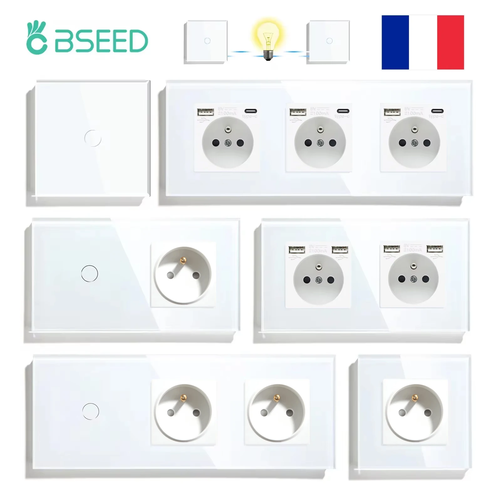 

BSEED 1/2/3Gang Touch Light Switches Glass 2Way Wall Switches Home Led Power Switches Blue Backlight French Standard Sockets