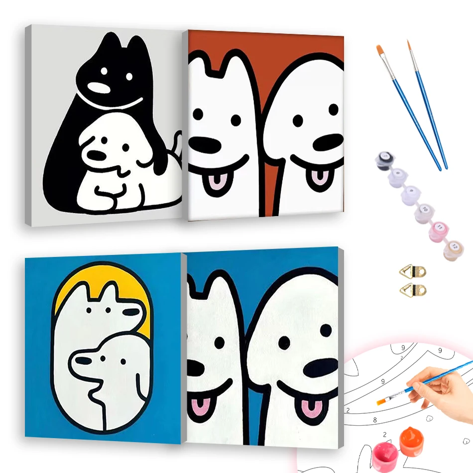 

RUOPOTY Oil Painting By Numbers Cartoon Abstract Dog Easy Hand Drawing 20x20cm ready Frame Acrylic Paints For Beginner Simple