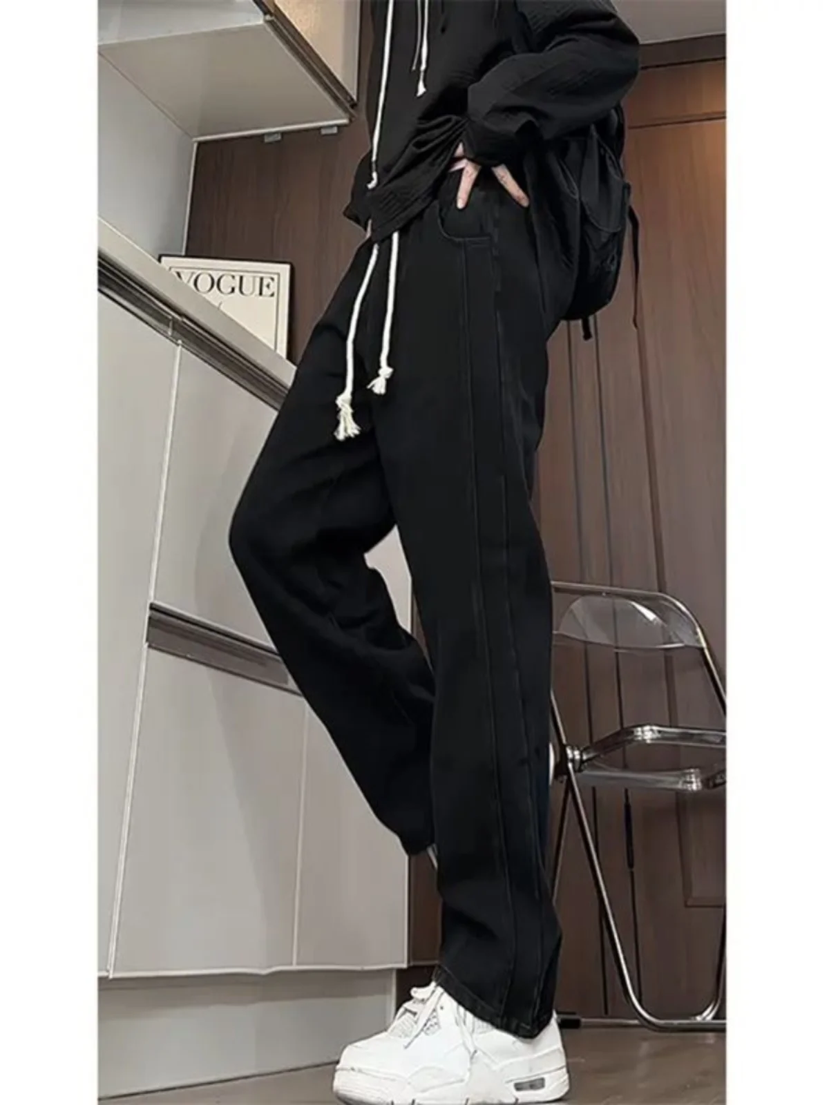 

Black Slim Fit Patchwork Denim Jeans Men's Style Trendy Streetwear American High Street Vibe Flared Pants Autumn Collection