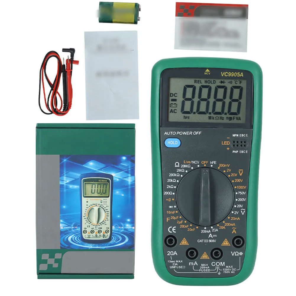 VC9905A Multifunction Digital Multimeter for AC DC Voltage Current Resistance Capacitance Diode Continuity and for hfe Testing