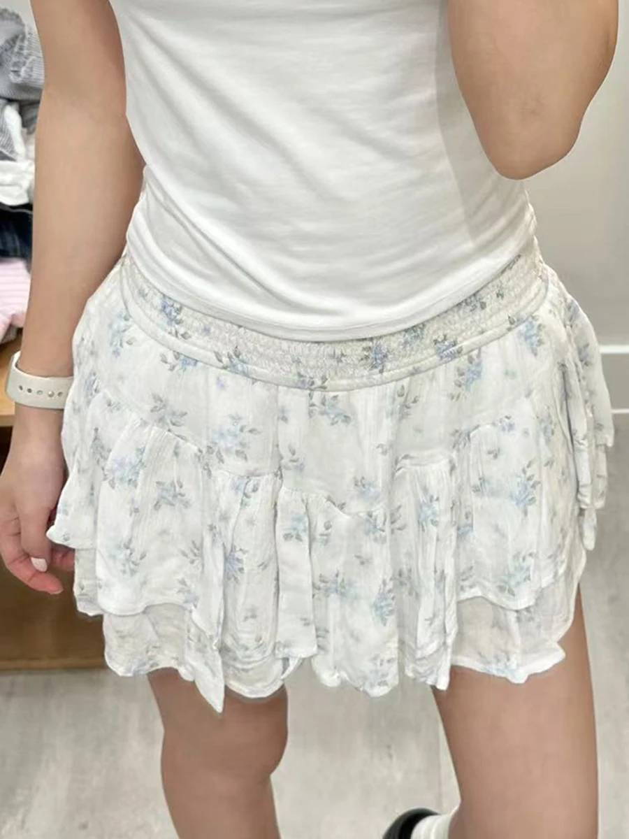 Minifalda escalonada con estampado Floral azul para mujer, Faldas acampanadas con volantes y cintura alta elástica, Faldas cortas informales dulces a la moda, novedad